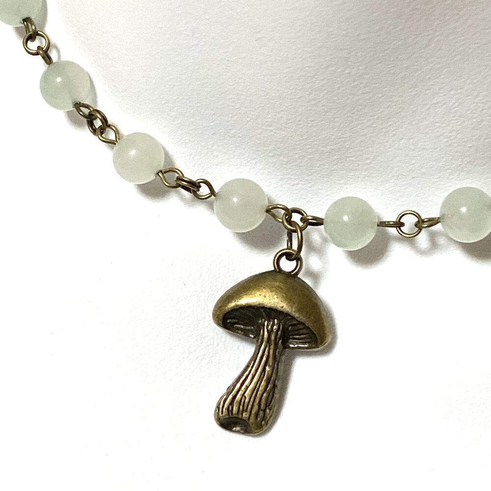 Natural Pale Green Aventurine Necklace, Bronze Slim Mushroom + Genuine Gemstone